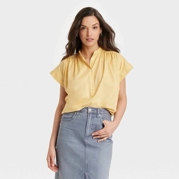 NWT Universal Thread Yellow Cotton Henley Popover Short Sleeve Blouse Size Large - Picture 2 of 11